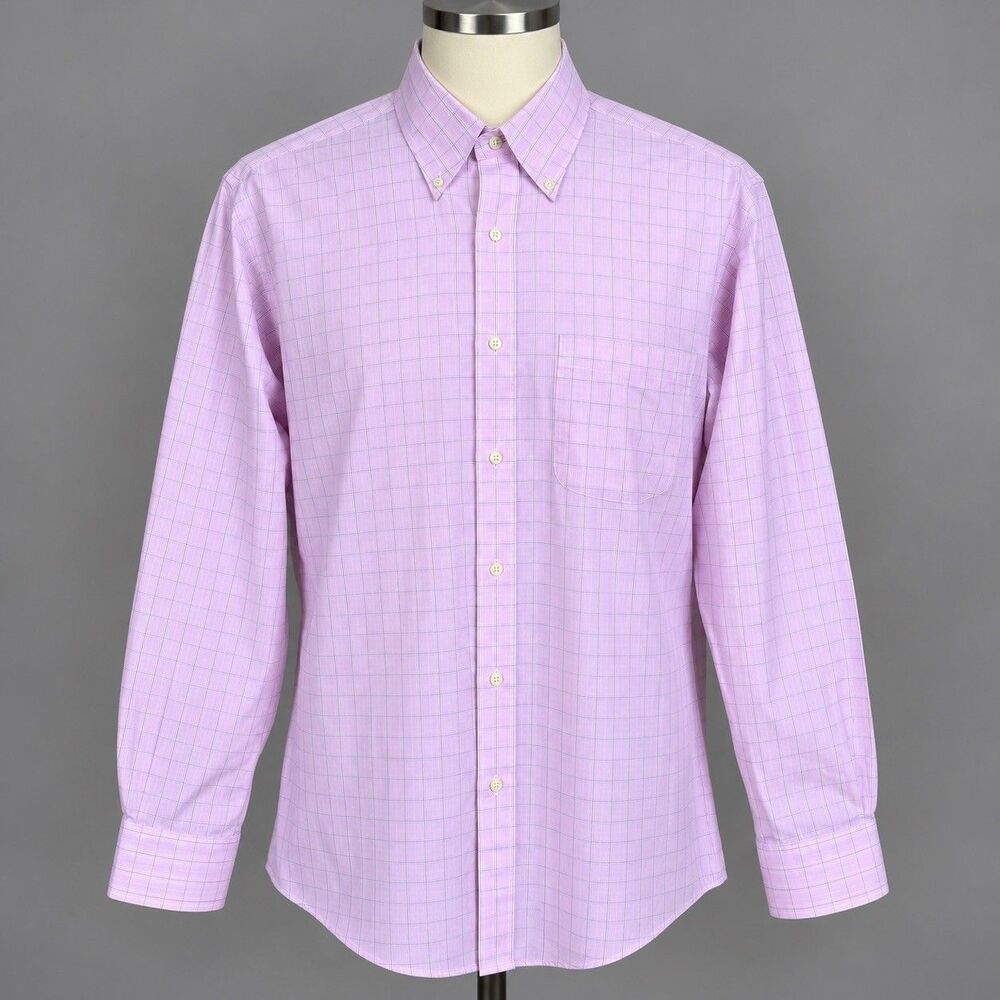 Brooks Brothers Non-Iron Dress Shirt Plaid Button Down Pink Slim Fit 16.5 LS.